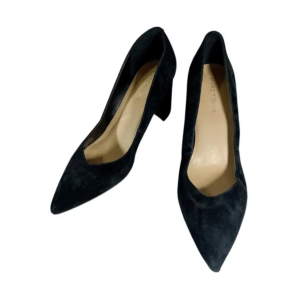 MARC FISHER! BLACK GENUINE SUEDE LEATHER CHUNKY HEEL POINTY TOE PUMPS, HEELS! 9M